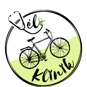 Logotype noir et vert, le V de vélo est un stétoscope, le vélo de profile avec porte baguage et les i de Klinik sont des clefs mécaniques