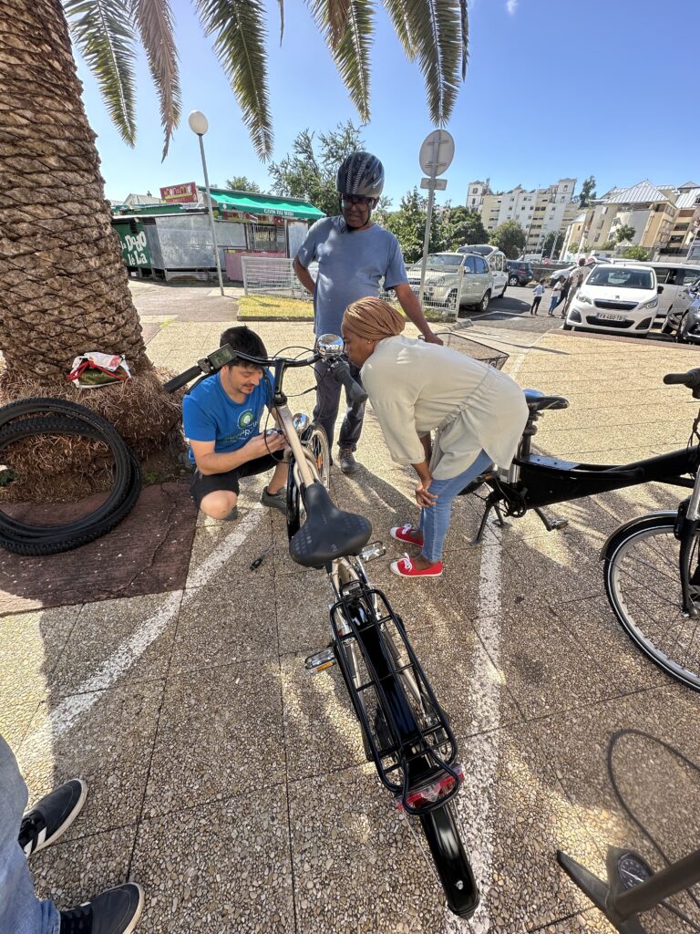 Photographie d'un atelier vélo sous un palmier