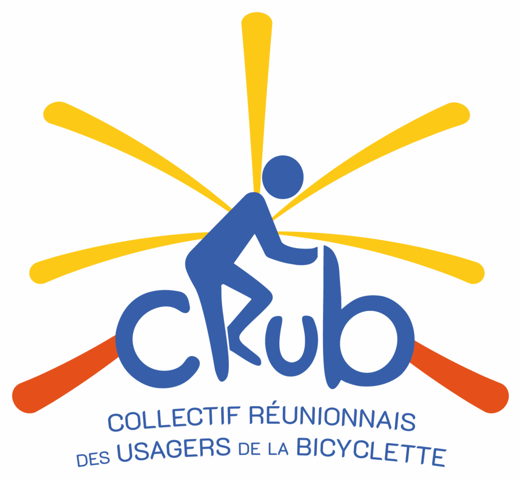 Logo du Collectif réunionnais des usagers de la bicyclette (Crub), cycliste formant le R avec ses jambes et volcan en arrière plan