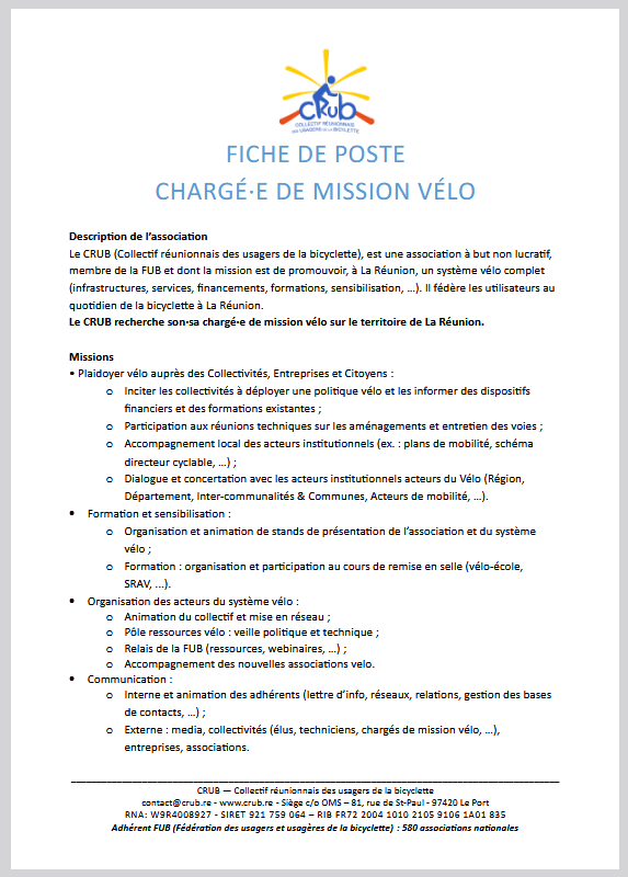 Offre d’emploi : chargé(e) de mission Vélo – CRUB, La Réunion