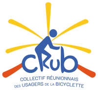 Logo du Collectif réunionnais des usagers de la bicyclette (Crub), cycliste formant le R avec ses jambes et volcan en arrière plan